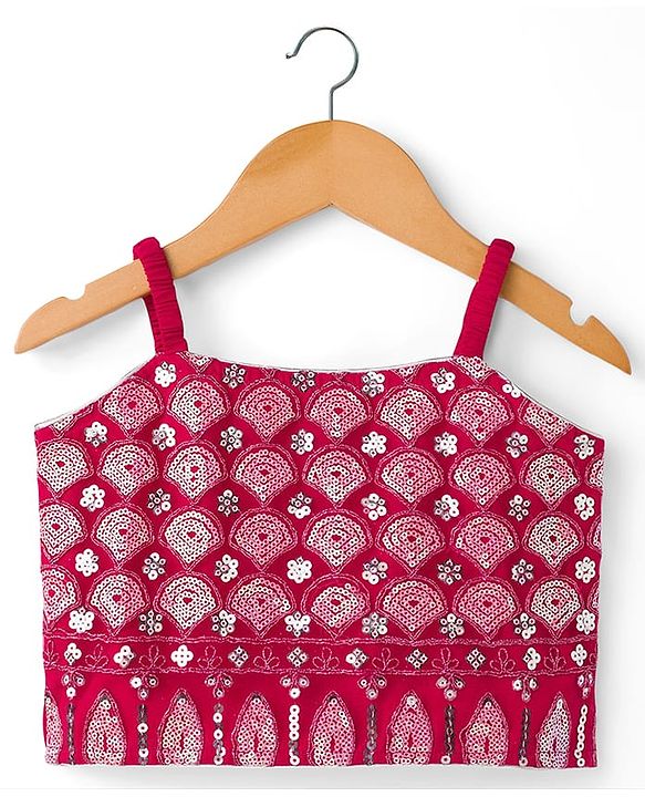 Babyhug Net Woven Sleeveless Choli Lehenga & Dupatta Set with Sequence Embroidery - Fuchsia