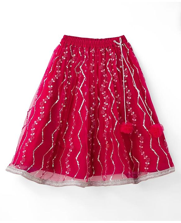 Babyhug Net Woven Sleeveless Choli Lehenga & Dupatta Set with Sequence Embroidery - Fuchsia