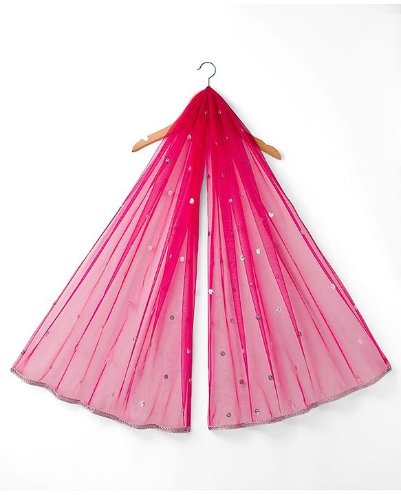 Babyhug Net Woven Sleeveless Choli Lehenga & Dupatta Set with Sequence Embroidery - Fuchsia