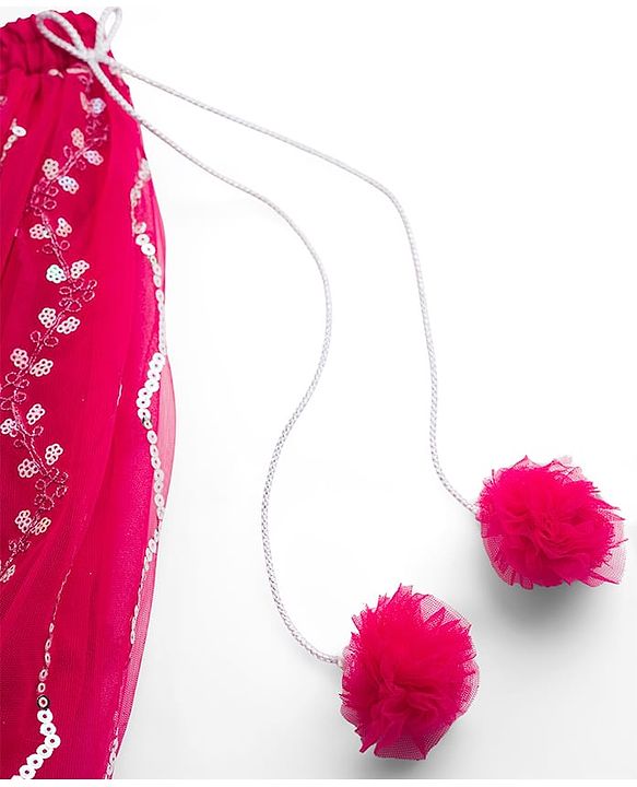 Babyhug Net Woven Sleeveless Choli Lehenga & Dupatta Set with Sequence Embroidery - Fuchsia