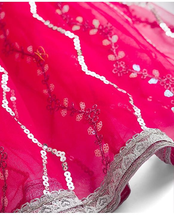 Babyhug Net Woven Sleeveless Choli Lehenga & Dupatta Set with Sequence Embroidery - Fuchsia