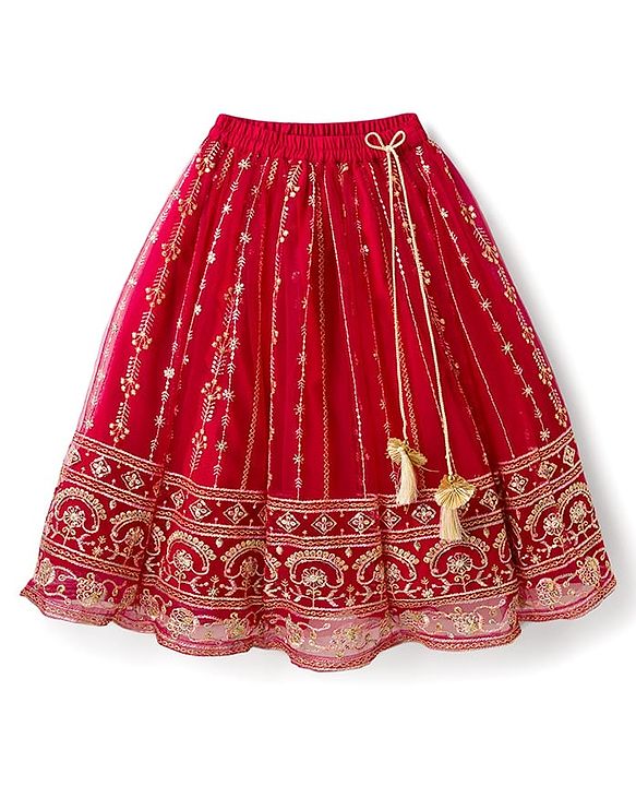 Babyhug Woven Half Sleeves Floral Embroidered Choli Lehenga & Dupatta Set - Maroon