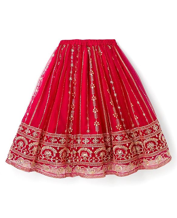Babyhug Woven Half Sleeves Floral Embroidered Choli Lehenga & Dupatta Set - Maroon