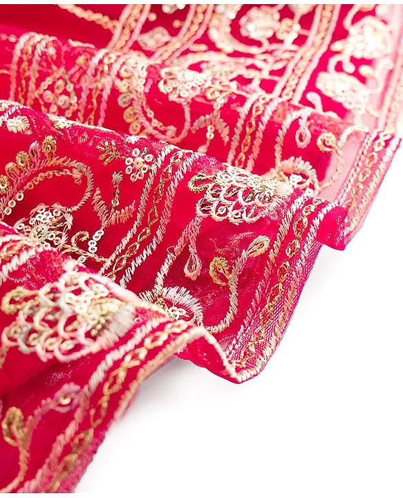 Babyhug Woven Half Sleeves Floral Embroidered Choli Lehenga & Dupatta Set - Maroon