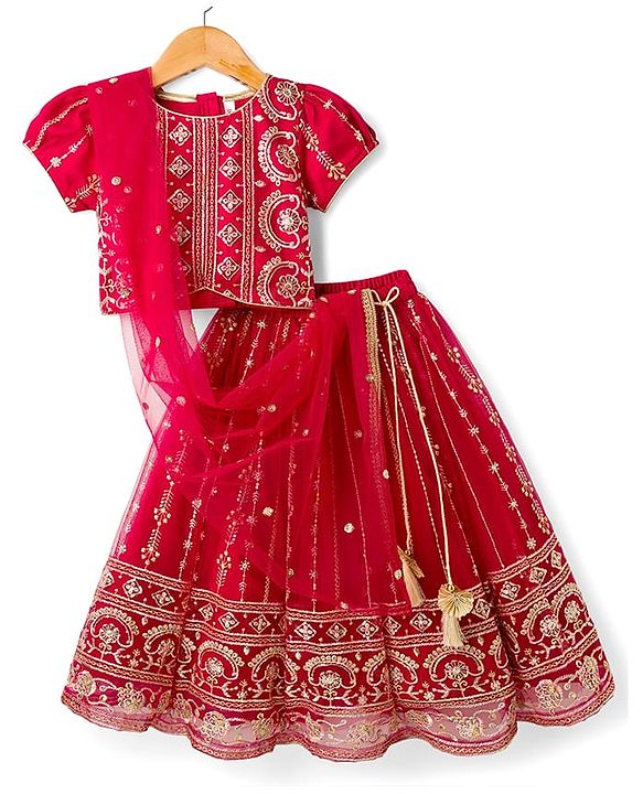 Babyhug Woven Half Sleeves Floral Embroidered Choli Lehenga & Dupatta Set - Maroon