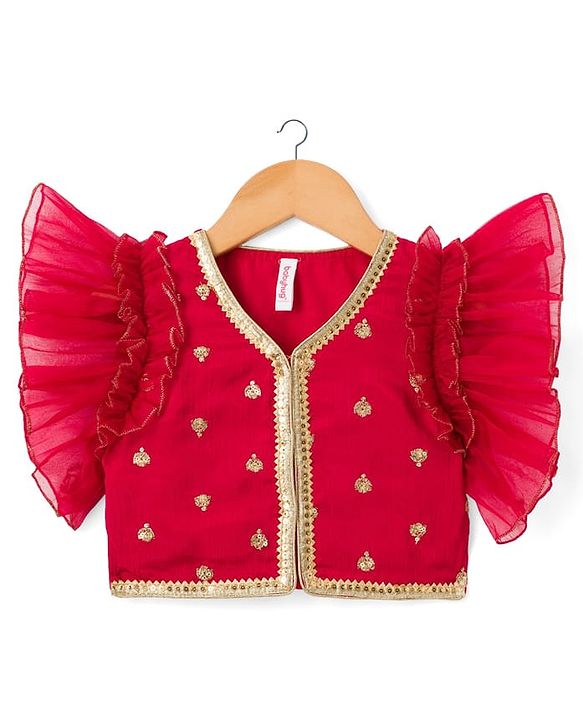 Babyhug Woven Frill Sleeves Embroidered Choli Lehenga Set with Dupatta Sequin & Lace Detailing - Red & Navy Blue