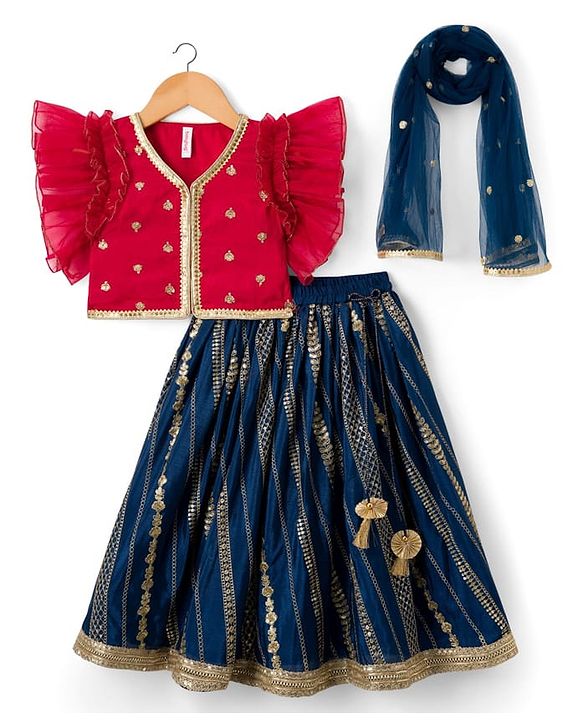 Babyhug Woven Frill Sleeves Embroidered Choli Lehenga Set with Dupatta Sequin & Lace Detailing - Red & Navy Blue