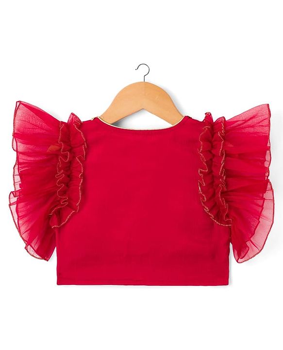 Babyhug Woven Frill Sleeves Embroidered Choli Lehenga Set with Dupatta Sequin & Lace Detailing - Red & Navy Blue