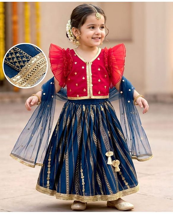 Babyhug Woven Frill Sleeves Embroidered Choli Lehenga Set with Dupatta Sequin & Lace Detailing - Red & Navy Blue