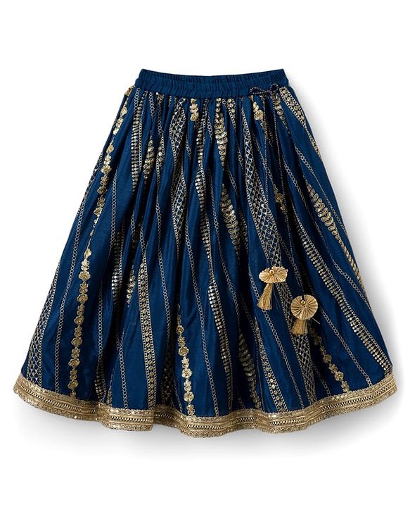 Babyhug Woven Frill Sleeves Embroidered Choli Lehenga Set with Dupatta Sequin & Lace Detailing - Red & Navy Blue