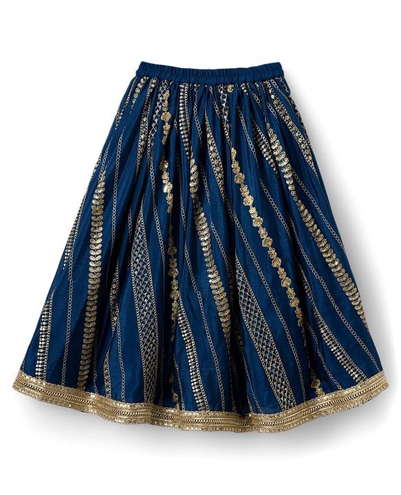 Babyhug Woven Frill Sleeves Embroidered Choli Lehenga Set with Dupatta Sequin & Lace Detailing - Red & Navy Blue