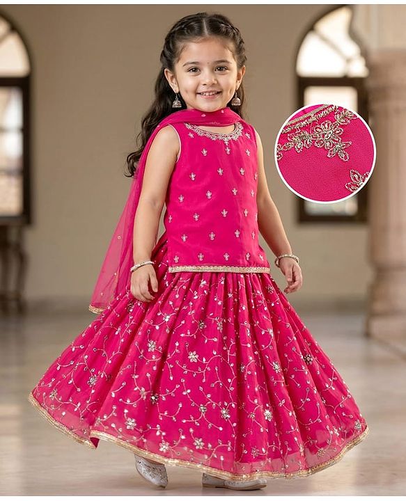 Babyhug Net Woven Sleeveless Choli Lehenga Set with Dupatta Sequin Embroidered Mirror Work - Fuchsia