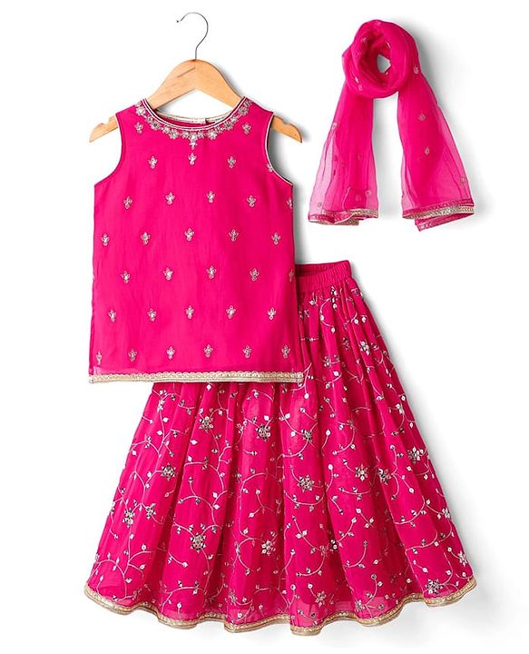 Babyhug Net Woven Sleeveless Choli Lehenga Set with Dupatta Sequin Embroidered Mirror Work - Fuchsia