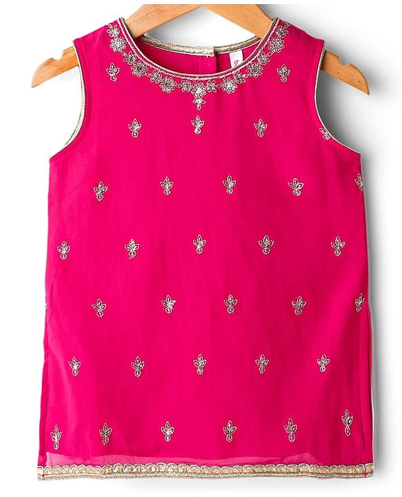 Babyhug Net Woven Sleeveless Choli Lehenga Set with Dupatta Sequin Embroidered Mirror Work - Fuchsia