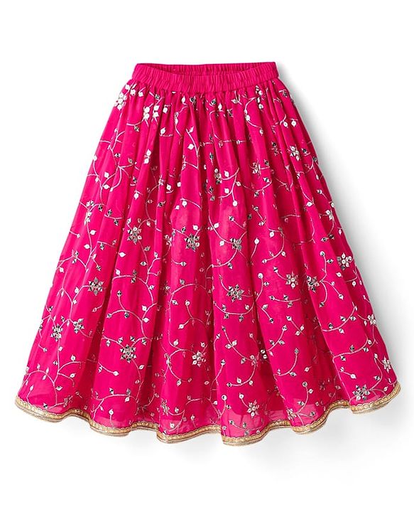 Babyhug Net Woven Sleeveless Choli Lehenga Set with Dupatta Sequin Embroidered Mirror Work - Fuchsia