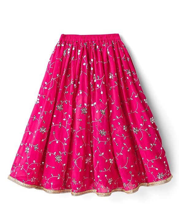 Babyhug Net Woven Sleeveless Choli Lehenga Set with Dupatta Sequin Embroidered Mirror Work - Fuchsia