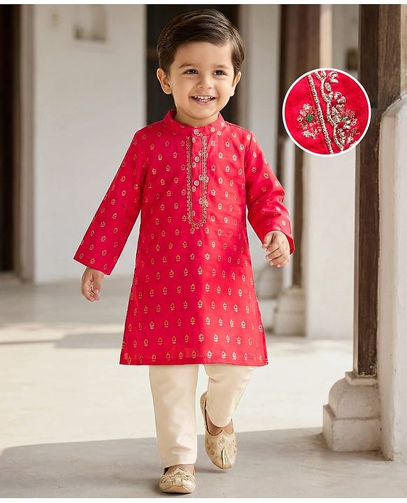 Babyhug Brocade Woven Full Sleeves Kurta Pajama Set with Floral Motif Print - Red