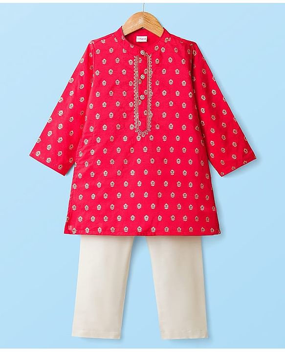 Babyhug Brocade Woven Full Sleeves Kurta Pajama Set with Floral Motif Print - Red