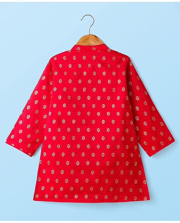Babyhug Brocade Woven Full Sleeves Kurta Pajama Set with Floral Motif Print - Red