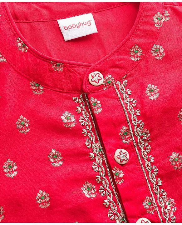 Babyhug Brocade Woven Full Sleeves Kurta Pajama Set with Floral Motif Print - Red