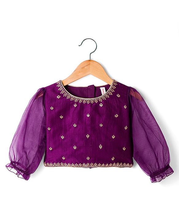 Babyhug Chanderi Woven Three Fourth Sleeves Choli Lehenga & Dupatta Set with Floral Embroidery - Purple