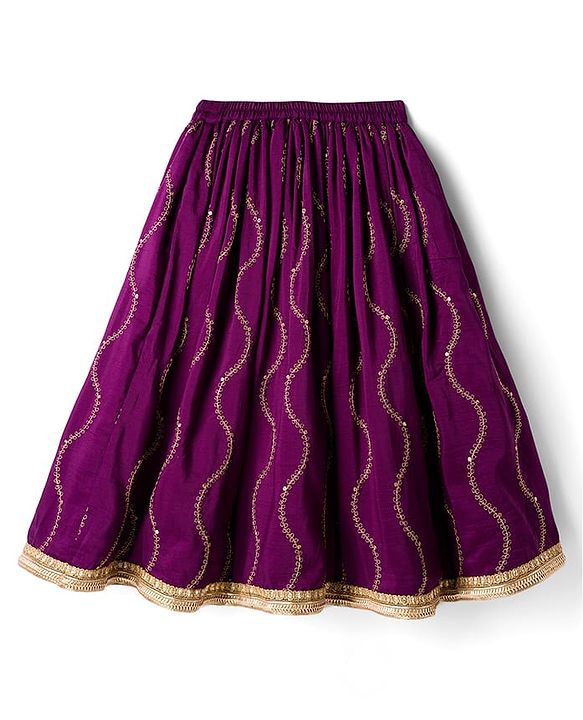 Babyhug Chanderi Woven Three Fourth Sleeves Choli Lehenga & Dupatta Set with Floral Embroidery - Purple