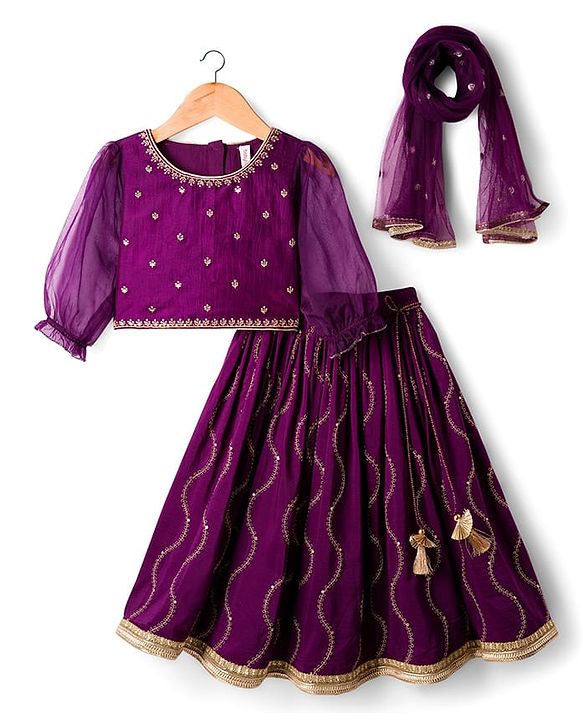 Babyhug Chanderi Woven Three Fourth Sleeves Choli Lehenga & Dupatta Set with Floral Embroidery - Purple