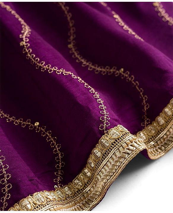 Babyhug Chanderi Woven Three Fourth Sleeves Choli Lehenga & Dupatta Set with Floral Embroidery - Purple