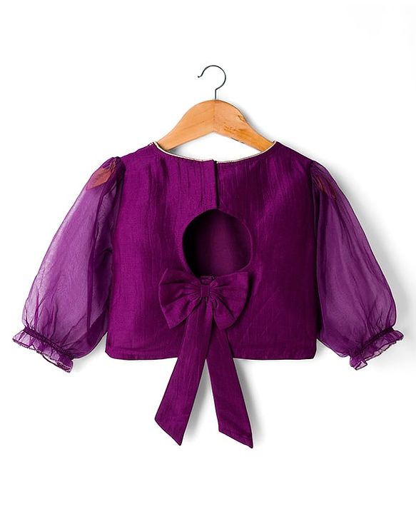 Babyhug Chanderi Woven Three Fourth Sleeves Choli Lehenga & Dupatta Set with Floral Embroidery - Purple