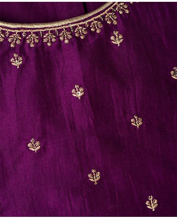Babyhug Chanderi Woven Three Fourth Sleeves Choli Lehenga & Dupatta Set with Floral Embroidery - Purple