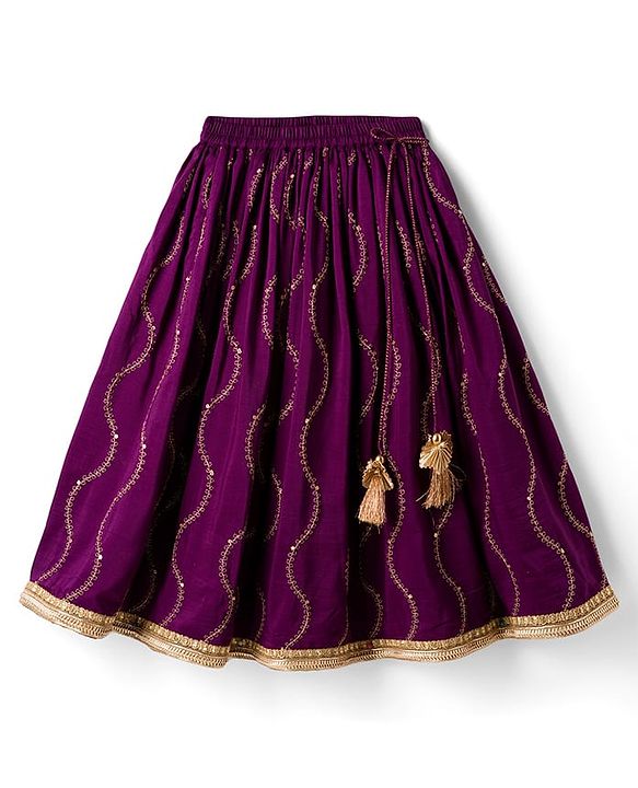 Babyhug Chanderi Woven Three Fourth Sleeves Choli Lehenga & Dupatta Set with Floral Embroidery - Purple