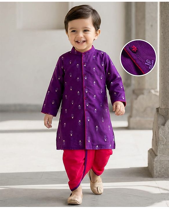 Babyhug Chanderi Woven Full Sleeves Kurta Pajama Set With Floral Embriodery - Purple