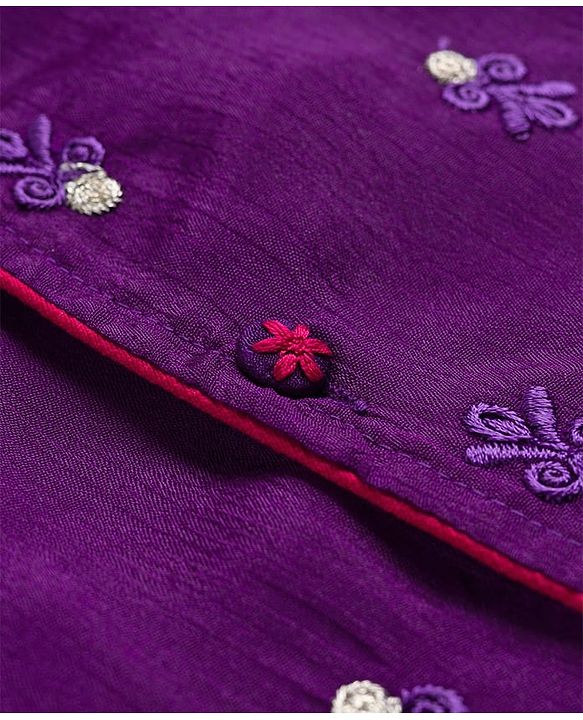Babyhug Chanderi Woven Full Sleeves Kurta Pajama Set With Floral Embriodery - Purple