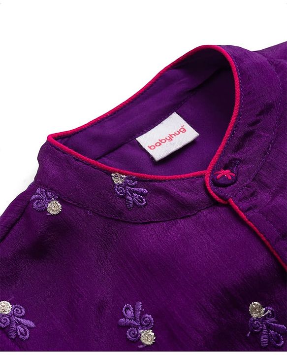 Babyhug Chanderi Woven Full Sleeves Kurta Pajama Set With Floral Embriodery - Purple