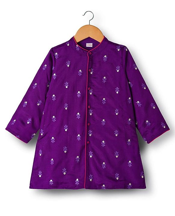 Babyhug Chanderi Woven Full Sleeves Kurta Pajama Set With Floral Embriodery - Purple