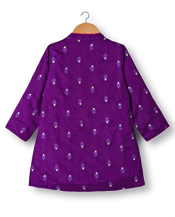 Babyhug Chanderi Woven Full Sleeves Kurta Pajama Set With Floral Embriodery - Purple