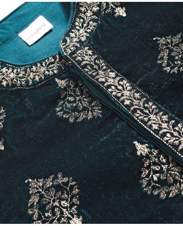 Babyhug Velvet Woven Full Sleeves Kurta Pyjama Set with Floral Embroidery - Dark Green