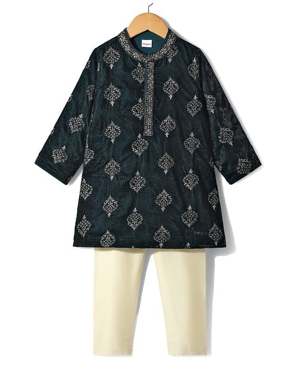 Babyhug Velvet Woven Full Sleeves Kurta Pyjama Set with Floral Embroidery - Dark Green