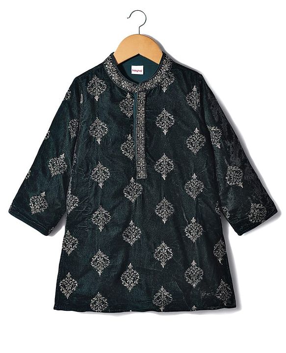 Babyhug Velvet Woven Full Sleeves Kurta Pyjama Set with Floral Embroidery - Dark Green