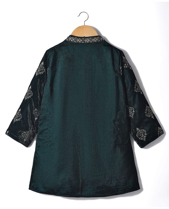 Babyhug Velvet Woven Full Sleeves Kurta Pyjama Set with Floral Embroidery - Dark Green