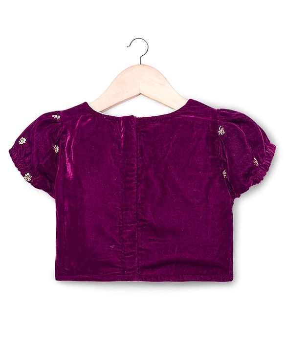 Babyhug Velvet Woven Short Sleeves Floral Embroidered  Choli Lahenga Set with Dupatta - Wine