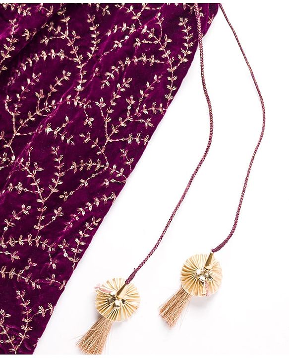 Babyhug Velvet Woven Short Sleeves Floral Embroidered  Choli Lahenga Set with Dupatta - Wine