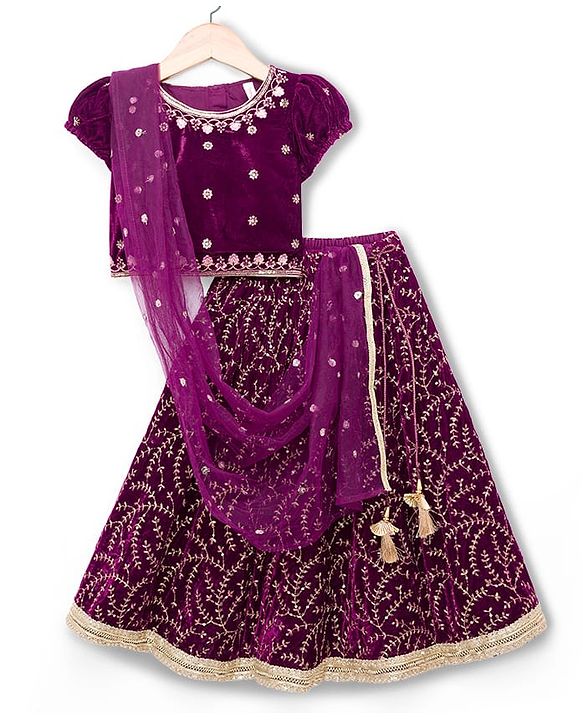 Babyhug Velvet Woven Short Sleeves Floral Embroidered  Choli Lahenga Set with Dupatta - Wine