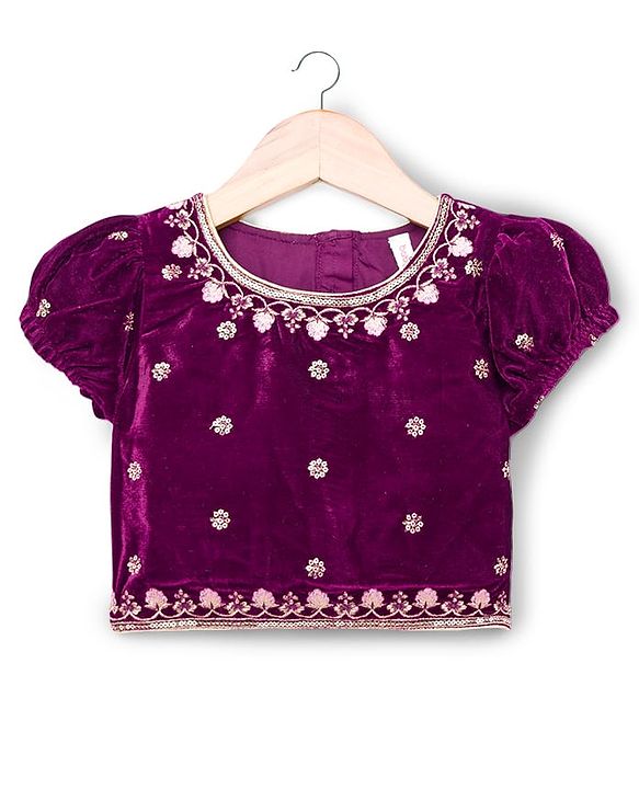 Babyhug Velvet Woven Short Sleeves Floral Embroidered  Choli Lahenga Set with Dupatta - Wine