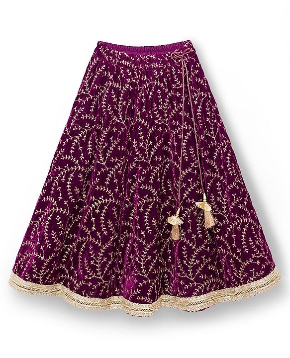 Babyhug Velvet Woven Short Sleeves Floral Embroidered  Choli Lahenga Set with Dupatta - Wine