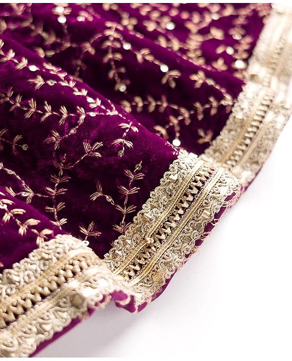 Babyhug Velvet Woven Short Sleeves Floral Embroidered  Choli Lahenga Set with Dupatta - Wine