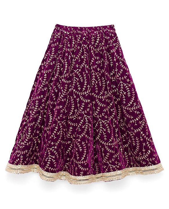 Babyhug Velvet Woven Short Sleeves Floral Embroidered  Choli Lahenga Set with Dupatta - Wine