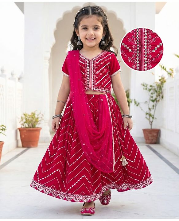 Babyhug Velvet Woven Half Sleeves Choli Lehenga Set with Dupatta & Embroidery - Dark Pink