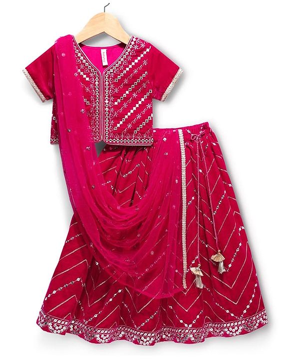 Babyhug Velvet Woven Half Sleeves Choli Lehenga Set with Dupatta & Embroidery - Dark Pink