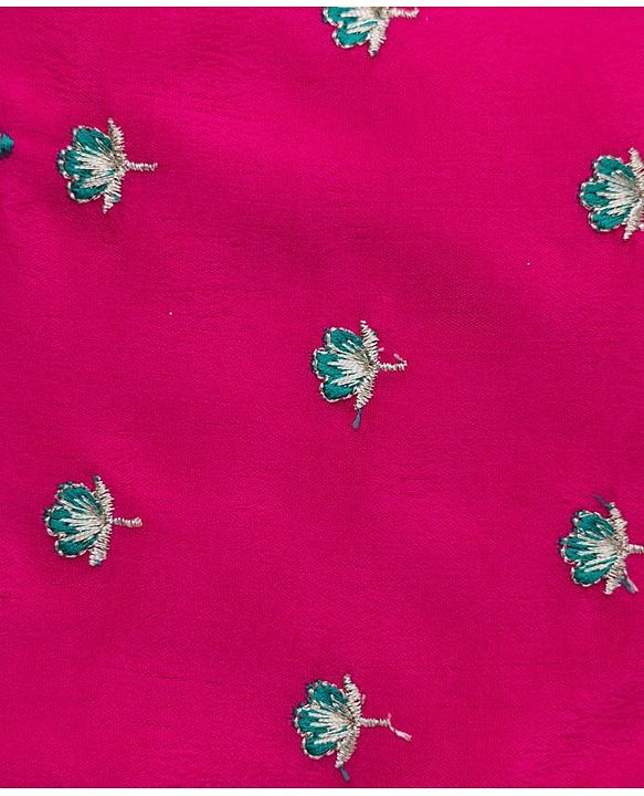 Babyhug Brocade Woven Half Puffed Sleeves Choli Lehenga & Dupatta Set with Floral Embroidery - Pink & Teal Blue